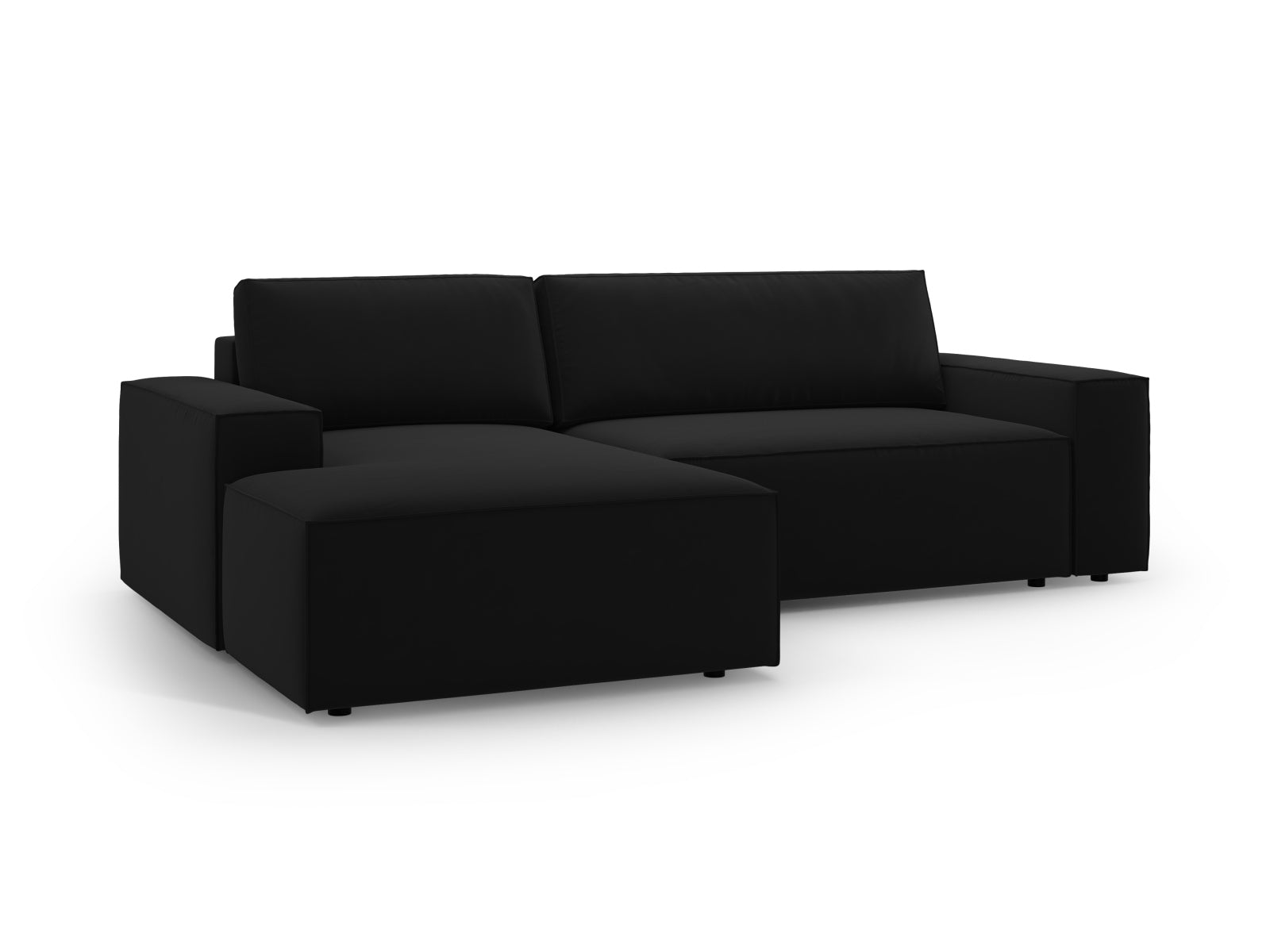 Modernes Jodie Velour Ecksofa links in edlem Schwarz-Bluvel, perfekt für gemütliche Stunden und als praktisches Schlafsofa mit Stauraum.