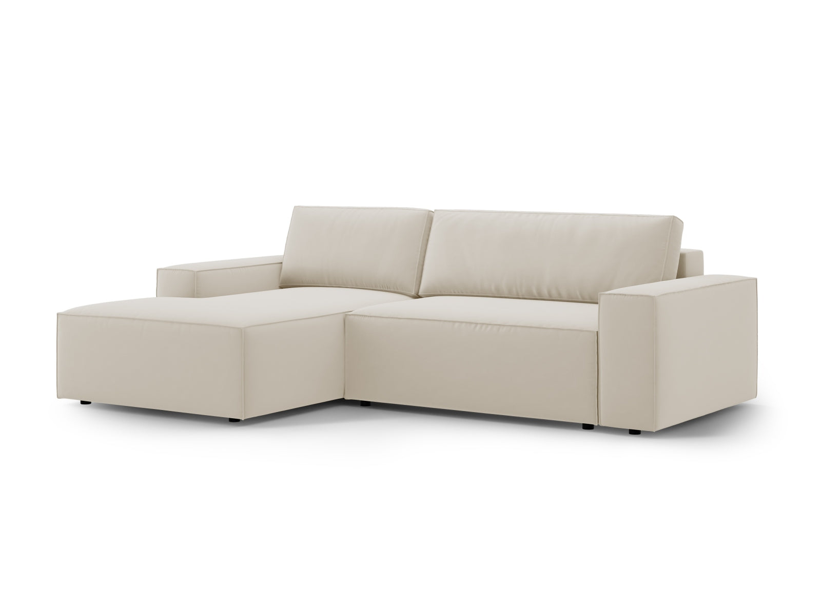 Elegantes Jodie Velour Ecksofa links in stilvollem Dunkelbeige, ideal für Schlafkomfort und zusätzlichen Stauraum im Wohnzimmer.