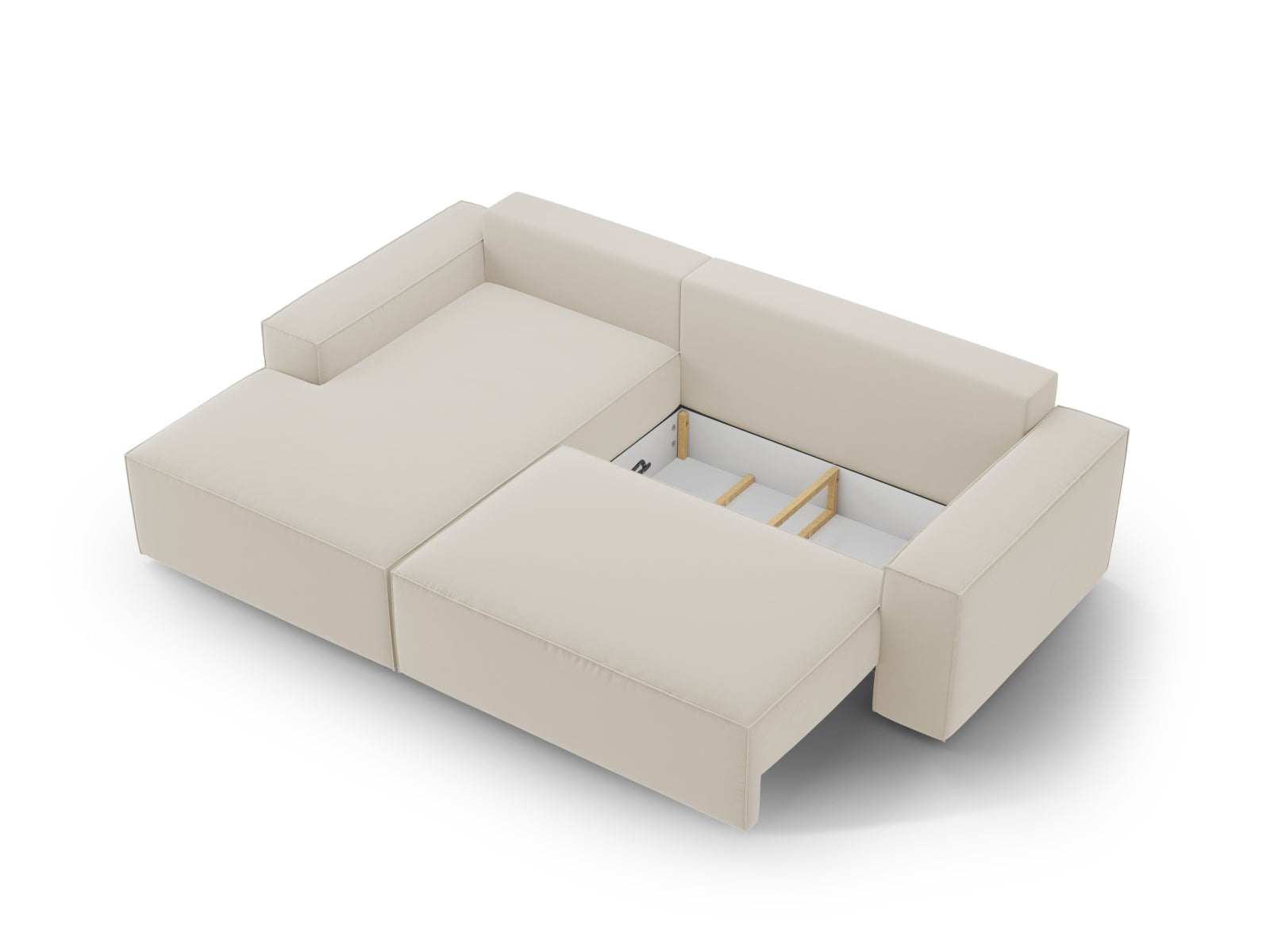 Elegantes Jodie Velour Ecksofa links in stilvollem Dunkelbeige, ideal für gemütliche Abende und als Schlafgelegenheit mit zusätzlichem Stauraum.