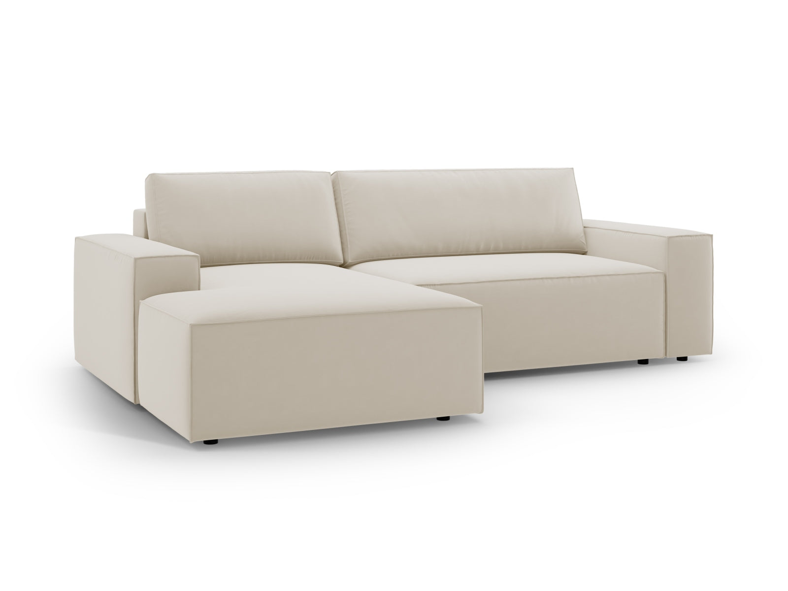 Elegantes Jodie Velour Ecksofa links in stilvollem Dunkelbeige, ideal für gemütliche Abende und als funktionales Schlafsofa mit zusätzlichem Stauraum.