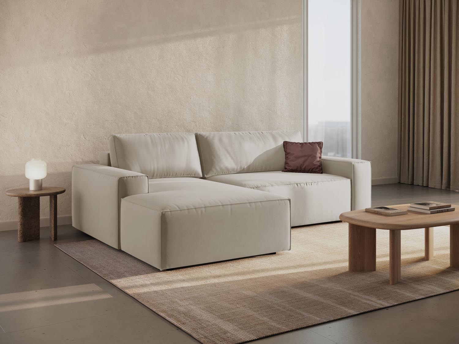 Elegantes Jodie Velour Ecksofa links in Dunkelbeige mit Schlaffunktion und Stauraum, ideal für stilvolle Wohnräume.