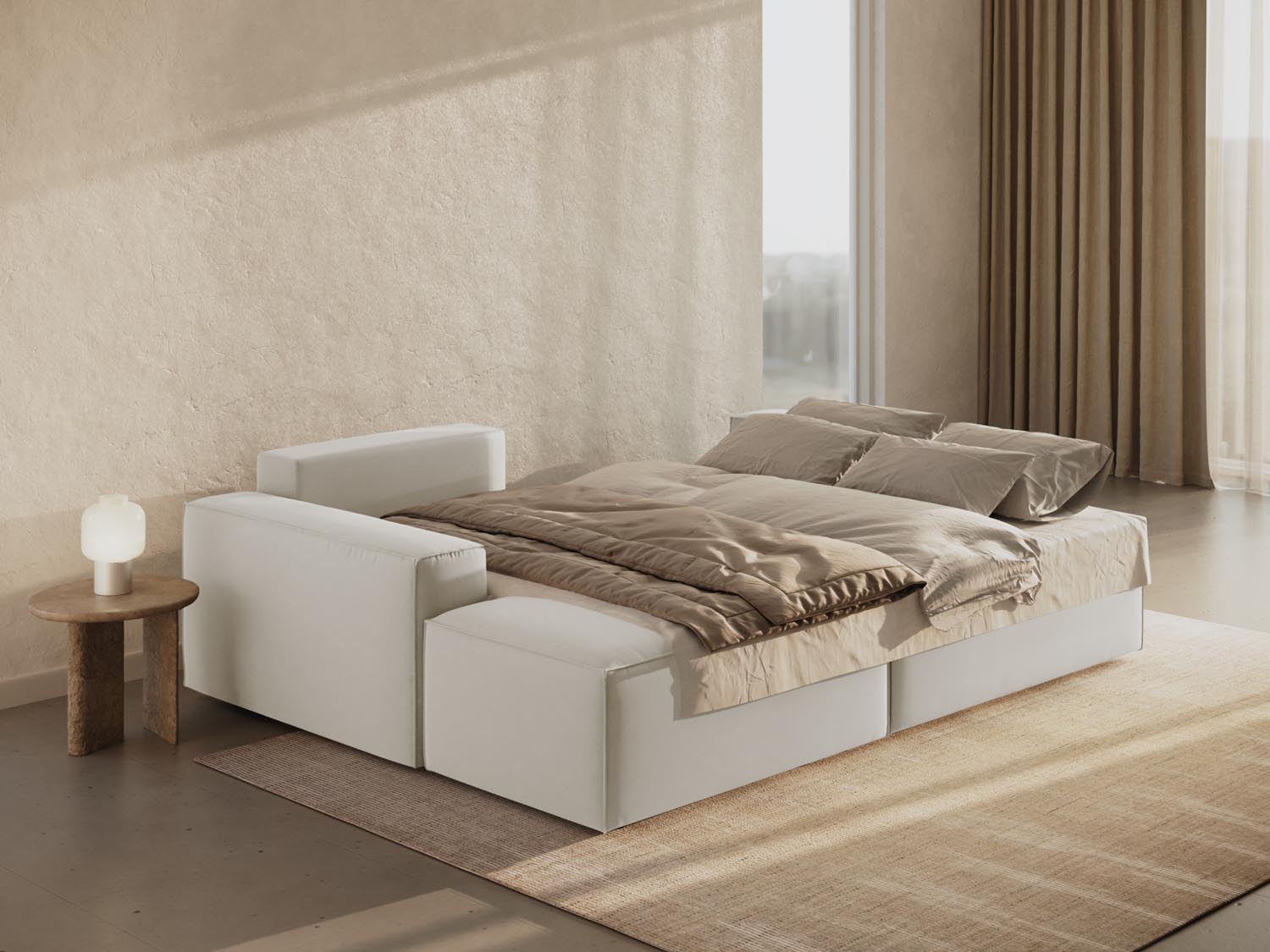 Modernes Jodie Velour Ecksofa links in sanftem Dunkelbeige, bietet Schlaffunktion und praktischen Stauraum für vielseitige Nutzung.