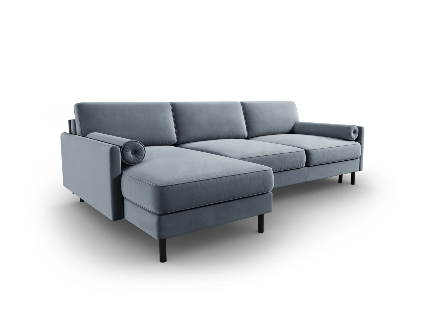 Elegantes Scott Velour Ecksofa in zartem Hellblau, 5-Sitzer mit cleverer Schlaffunktion und praktischem Stauraum für mehr Gemütlichkeit.