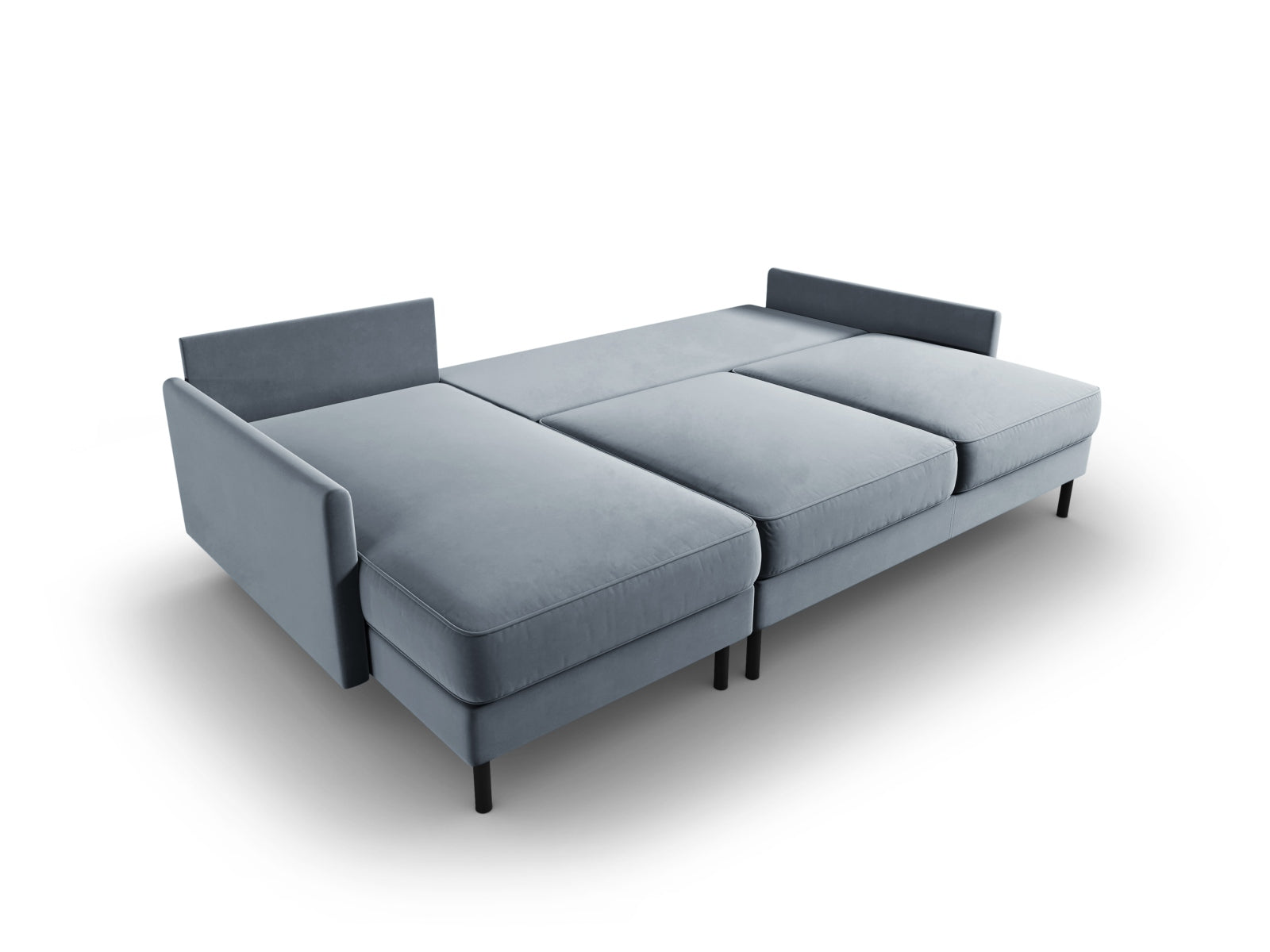 Stylisches Scott Velour Ecksofa in sanftem Hellblau, 5-Sitzer mit innovativer Schlaffunktion und integriertem Stauraum für zusätzlichen Komfort.