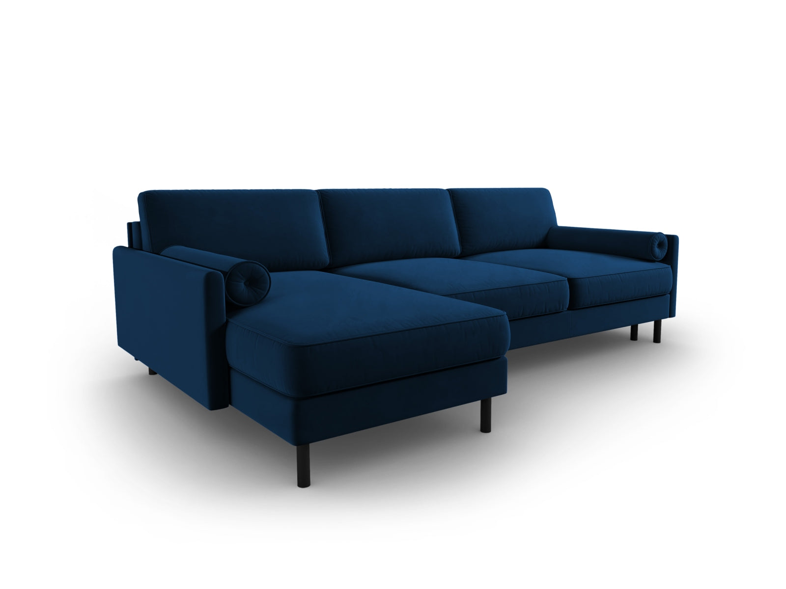 Elegantes Scott Velour Ecksofa in Royal Blue, 5-Sitzer mit Schlafoption und Stauraum, ideal für stilvolle Wohnräume und entspannte Nächte.