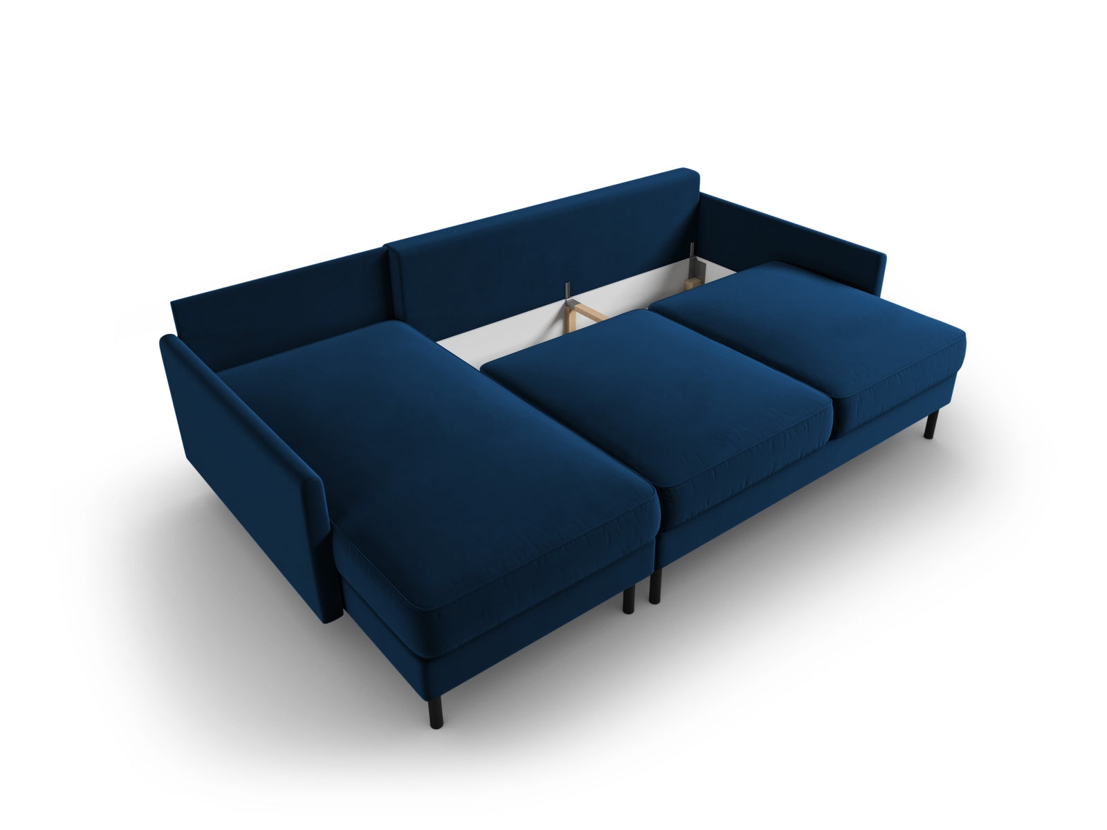Elegantes linksseitiges Ecksofa in Royal Blue aus Velours, ideal für entspannte Abende und Übernachtungsgäste, mit integriertem Stauraum.