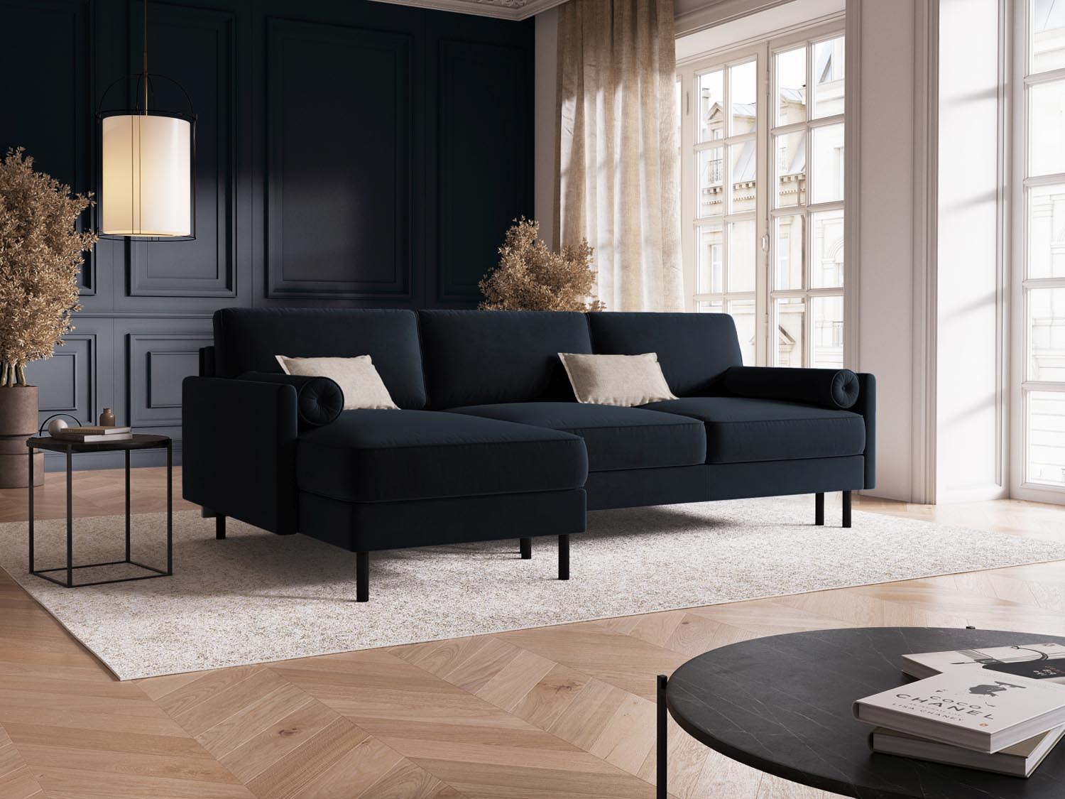 Elegantes Scott Velour Ecksofa in Dunkelblau, 5-Sitzer mit Schlaffunktion und praktischem Stauraum, ideal für stilvolle Wohnräume.