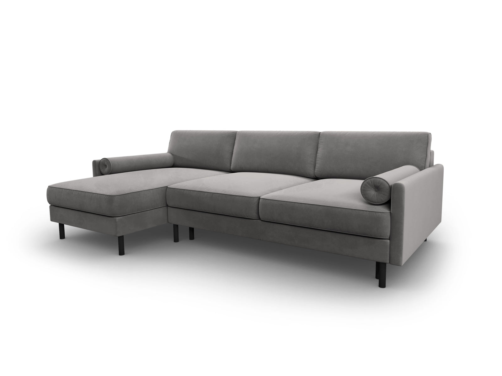 Elegantes 5-Sitzer Ecksofa in Hellgrau aus Scott Velour, bietet Schlafgelegenheit und Stauraum, perfekt für stilvolle Wohnzimmer.