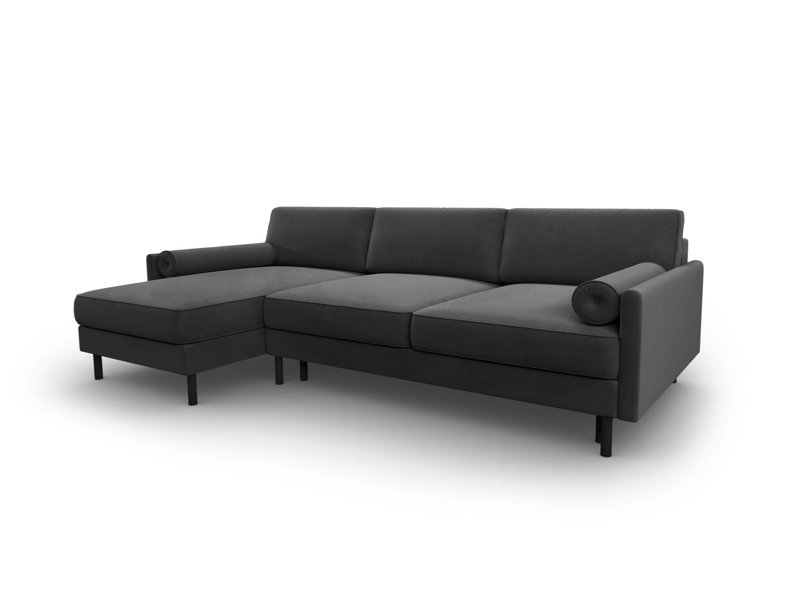 Modernes Scott Velour Ecksofa in Grau-Blau, 5-Sitzer mit praktischer Schlaffunktion und integriertem Stauraum, perfekt für gemütliche Abende.