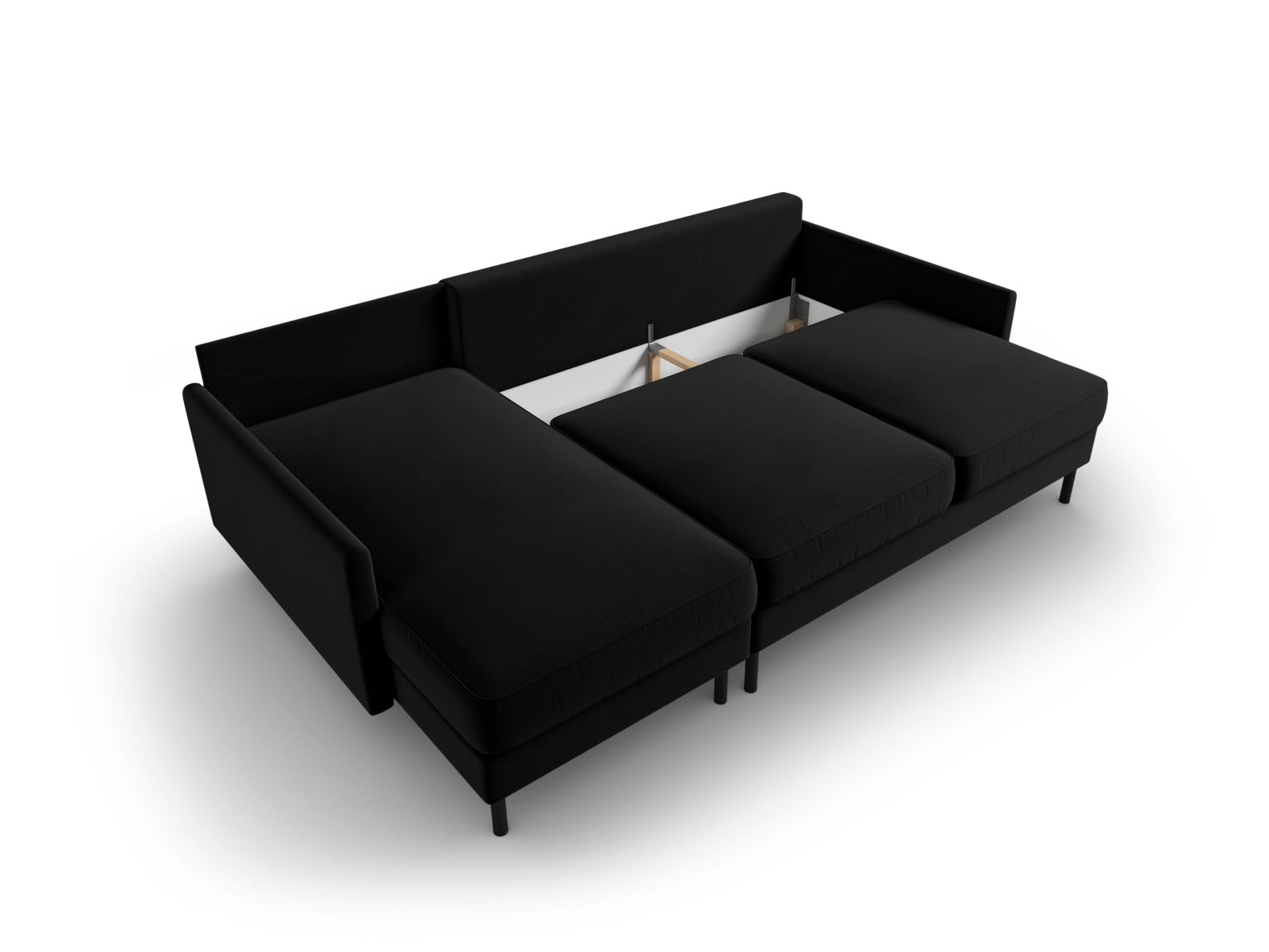 Elegantes Scott Velour Ecksofa in Schwarz-Bluvel, 5-Sitzer mit cleverer Schlaffunktion und Stauraum für stilvolle Entspannung.