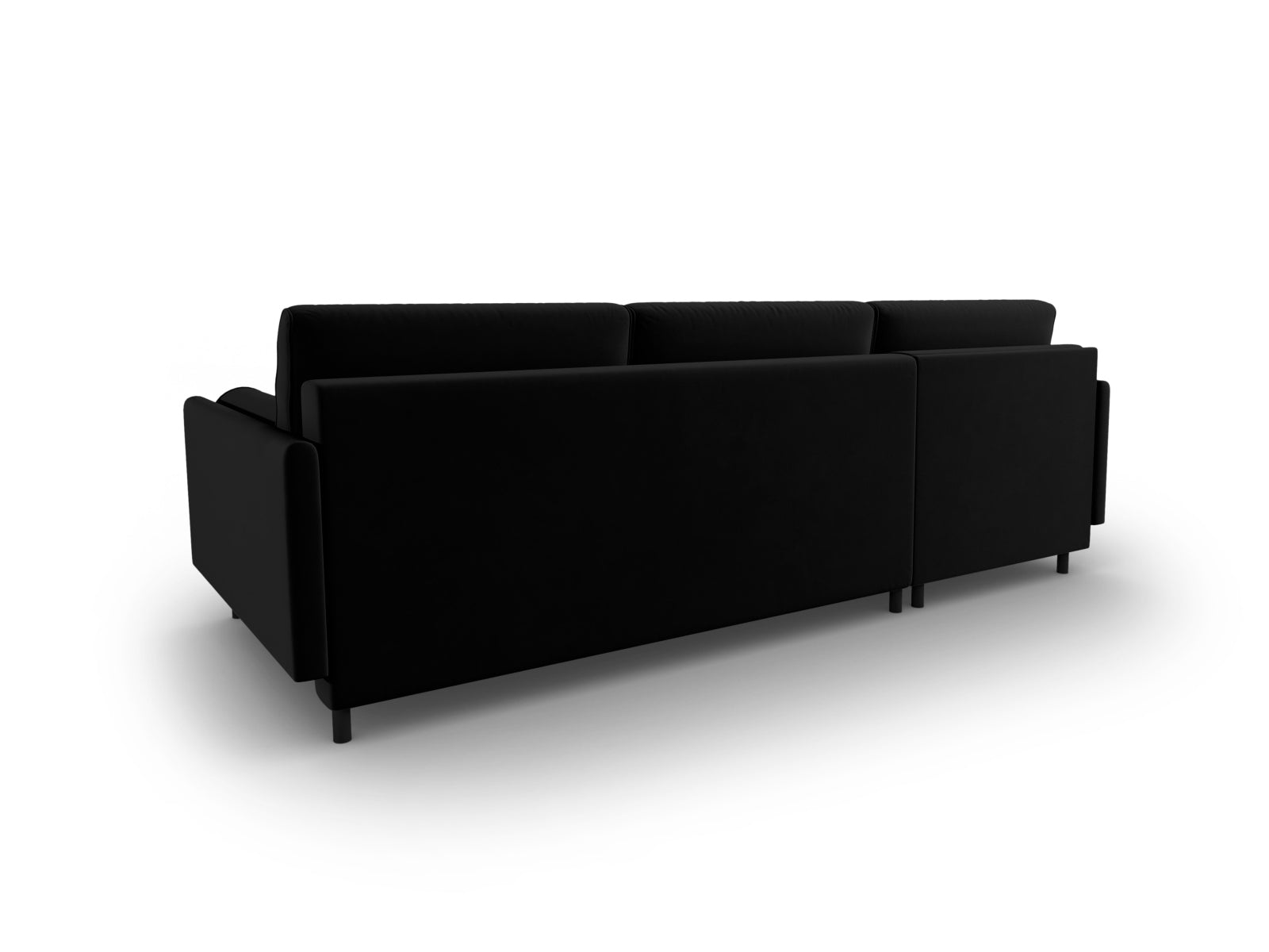 Modernes Scott Velour Ecksofa in Schwarz-Bluvel, 5-Sitzer mit praktischer Schlaffunktion und integriertem Stauraum für vielseitige Nutzung.