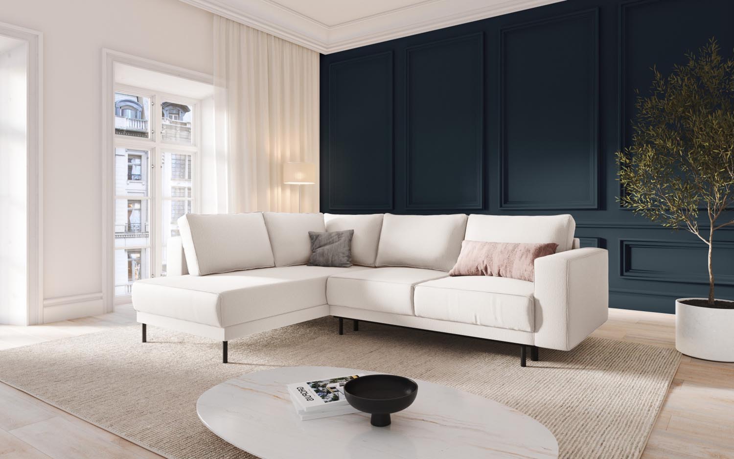 Stylisches Caro Ecksofa in Light Beige mit Schlaffunktion, ideal für gemütliche Abende und als Schlafgelegenheit, präsentiert von KAQTU.