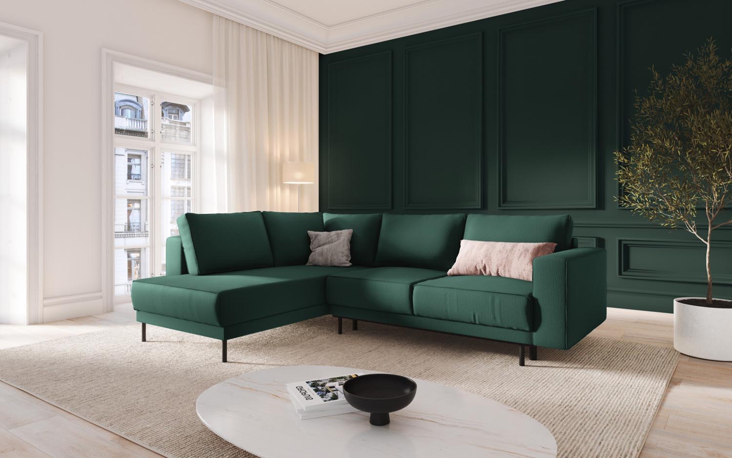 Stylisches Caro Ecksofa in Grün mit Schlaffunktion, ideal für gemütliche Abende und als Schlafgelegenheit, präsentiert in modernem Ambiente.
