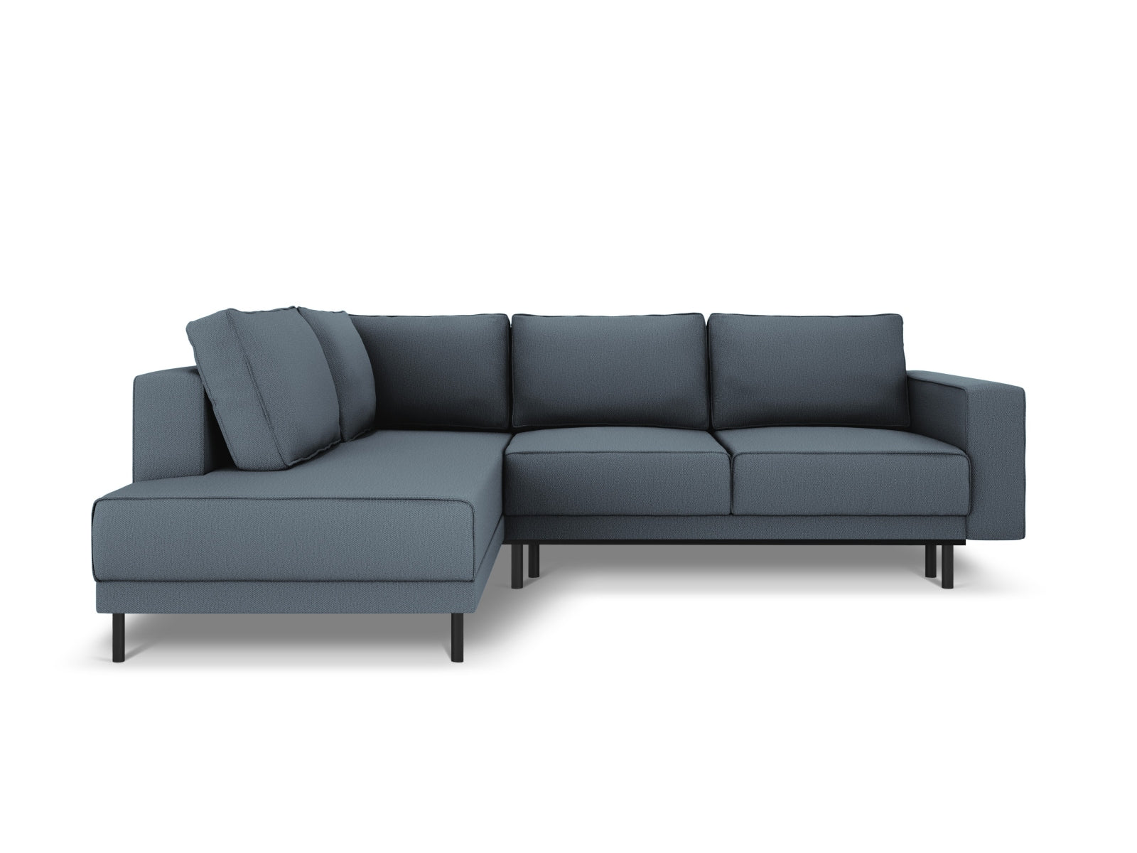 Elegantes Caro Ecksofa in Blau, 5-Sitzer mit praktischer Schlaffunktion links, perfekt für stilvolle Wohnräume und entspannte Nächte.