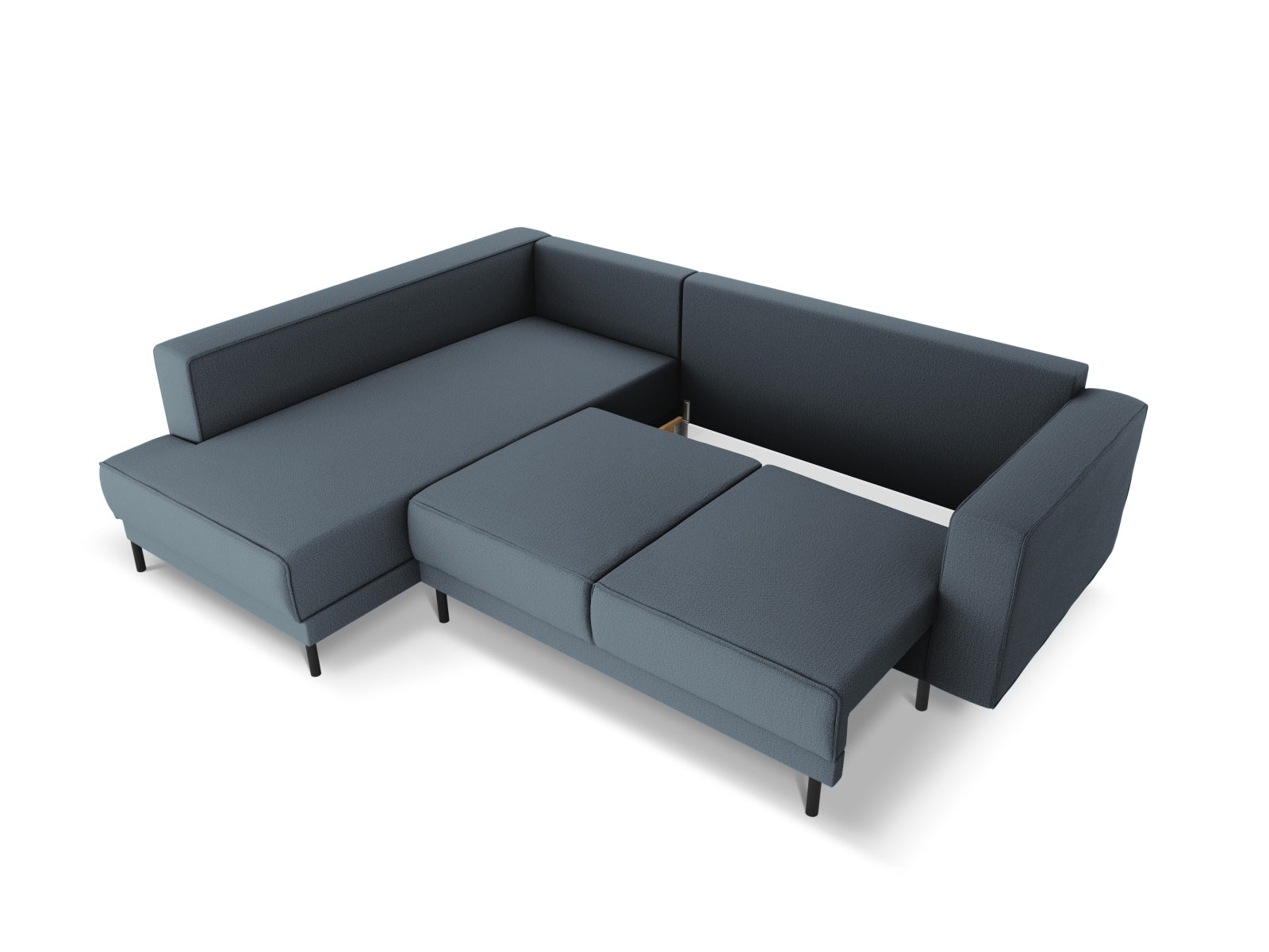 Elegantes Caro Ecksofa in ansprechendem Blau, 5-Sitzer mit praktischer Schlaffunktion auf der linken Seite, perfekt für entspannte Stunden und Übernachtungen.