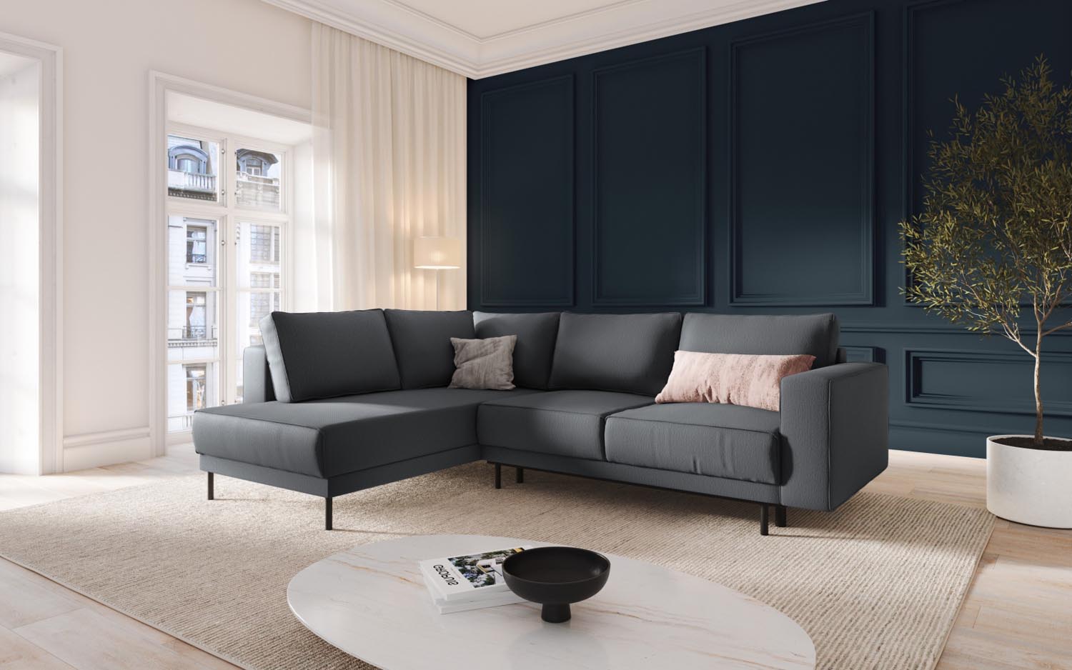 Stylisches Caro Ecksofa in Dunkelgrau mit Schlaffunktion, ideal für gemütliche Abende und als Schlafgelegenheit, präsentiert von KAQTU.