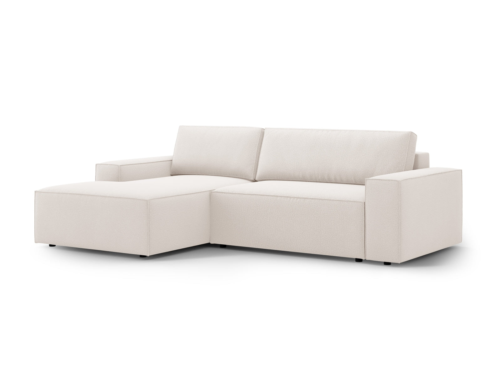 Elegantes Jodie Ecksofa links in hellem Beige, ausgestattet mit Schlaffunktion und Stauraum, perfekt für gemütliche Wohnzimmer.