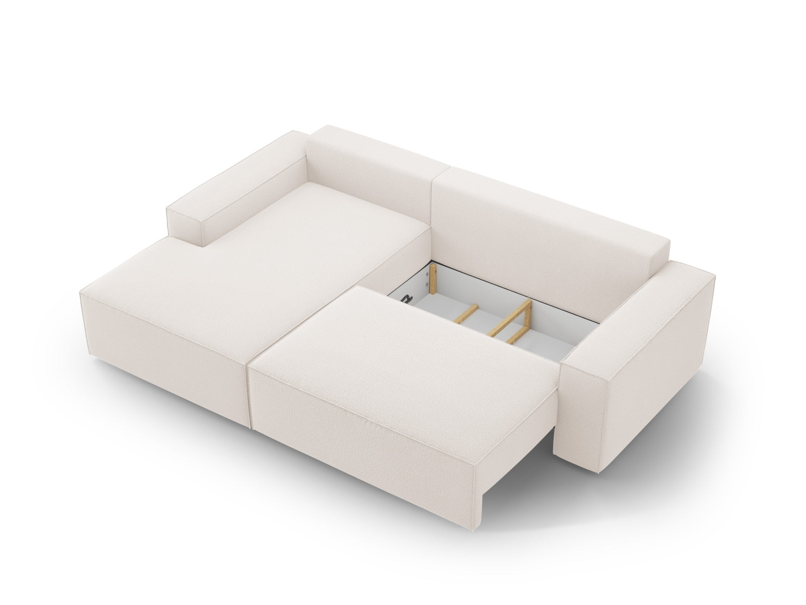 Elegantes Jodie Ecksofa links in hellem Beige, perfekt für jedes Wohnzimmer, bietet eine bequeme Schlaffunktion und praktischen Stauraum.