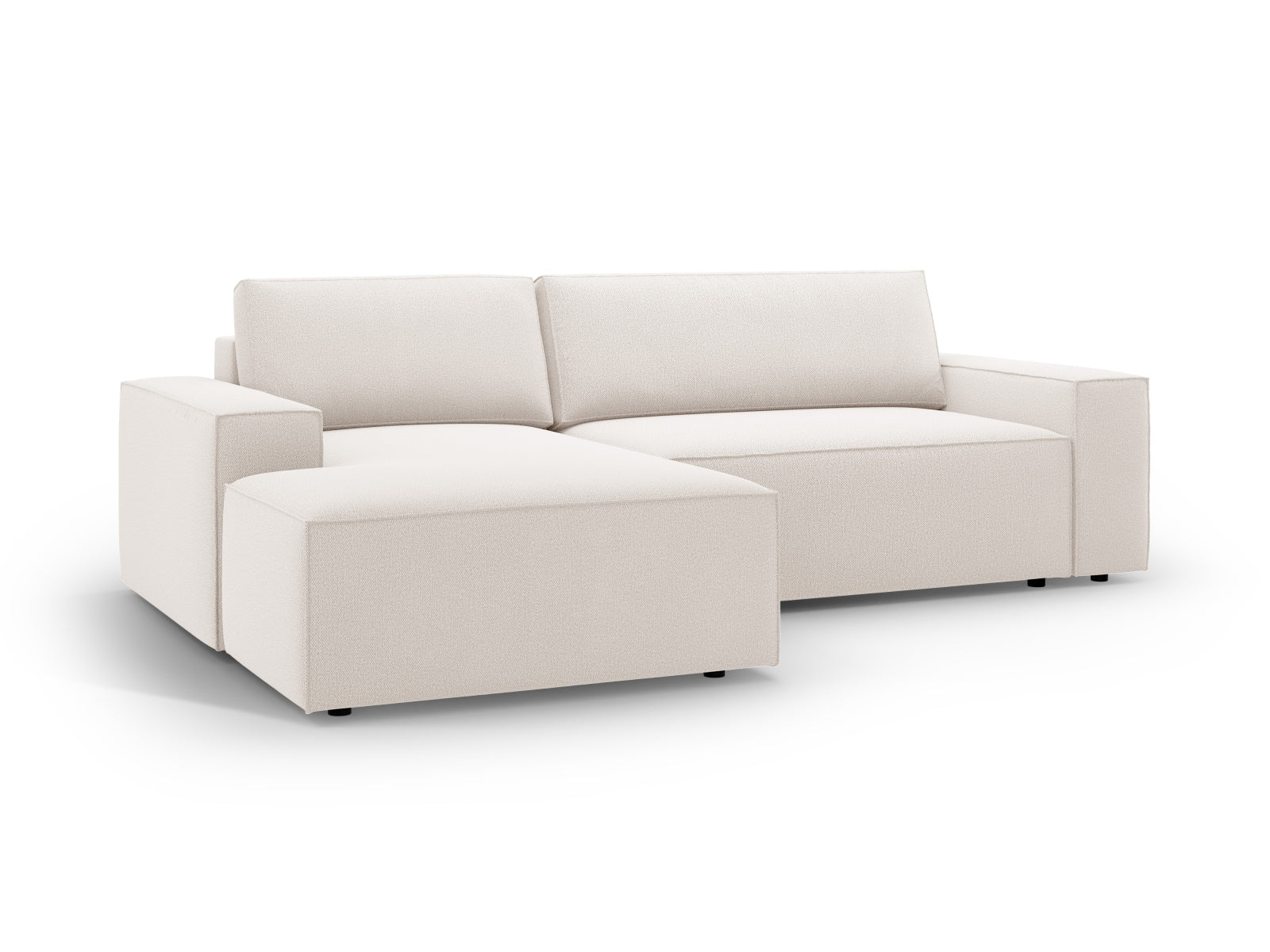 Elegantes Jodie Ecksofa links in hellem Beige, perfekt für jedes Wohnzimmer, bietet eine praktische Schlaffunktion und zusätzlichen Stauraum.