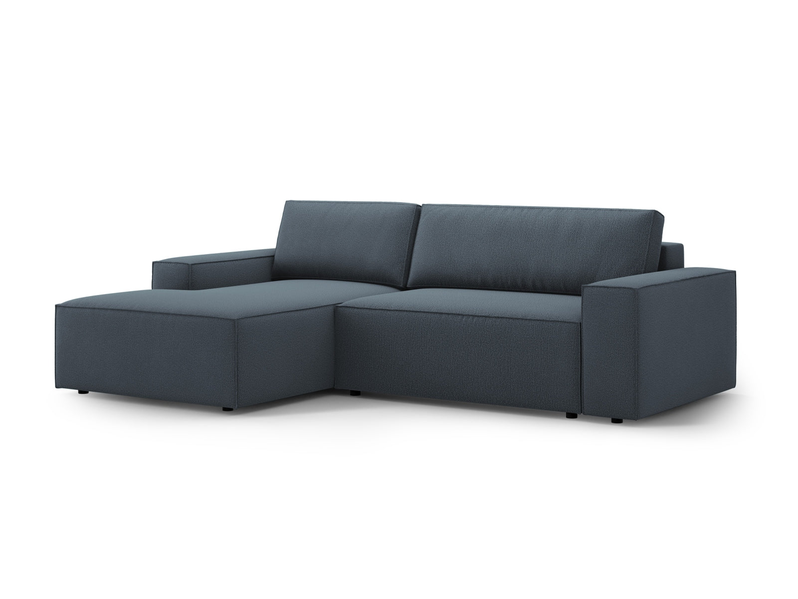 Elegantes Jodie Ecksofa links in trendigem Blau, ausgestattet mit Schlaffunktion und praktischem Stauraum für zusätzlichen Komfort.