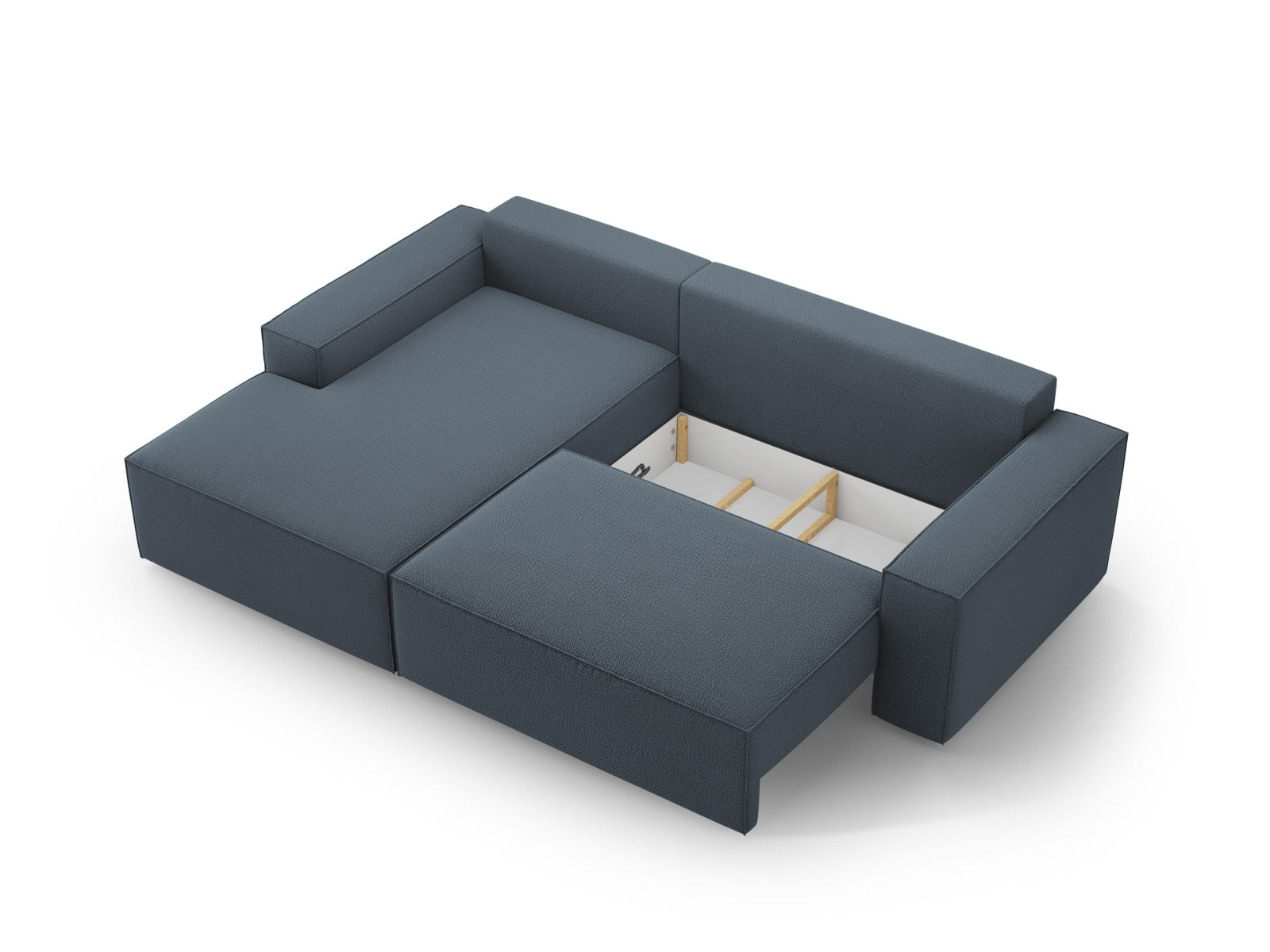 Elegantes Jodie Ecksofa links in trendigem Blau, perfekt für kompakte Wohnräume, mit praktischer Schlaffunktion und integriertem Stauraum.