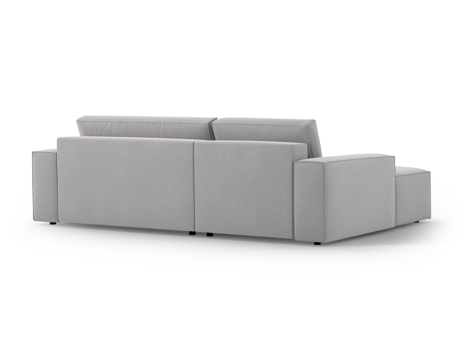 Modernes Jodie Ecksofa links in hellem Grau, ideal für Gästeübernachtungen und mit zusätzlichem Stauraum für Kissen und Decken.
