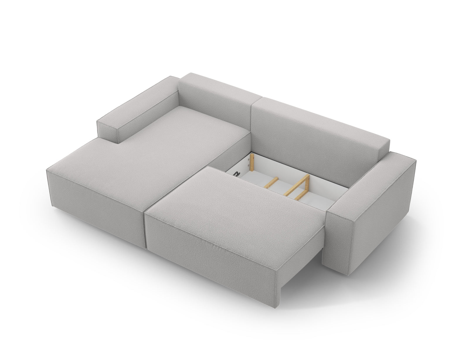 Stylisches Jodie Ecksofa links in sanftem Grau, perfekt für entspannte Abende und bietet praktischen Stauraum für Ihre Wohnaccessoires.