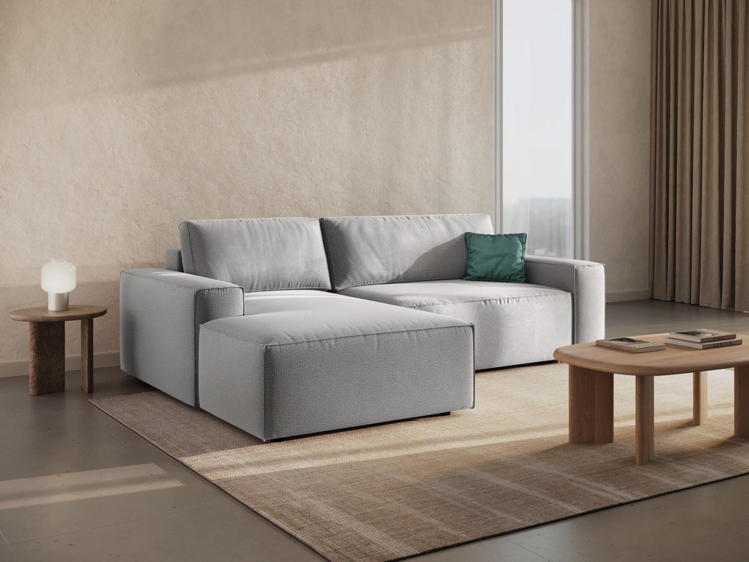 Stylisches Jodie Ecksofa links in Hellgrau mit Schlaffunktion und Stauraum, ideal für moderne Wohnräume und Gästeübernachtungen.