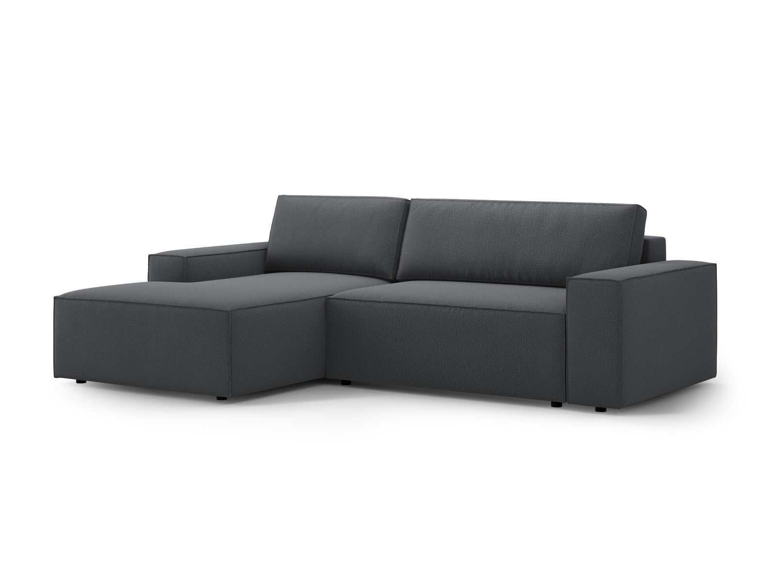 Elegantes Jodie Ecksofa links in zeitlosem Dunkelgrau, ausgestattet mit praktischer Schlaffunktion und Stauraum für zusätzlichen Komfort.