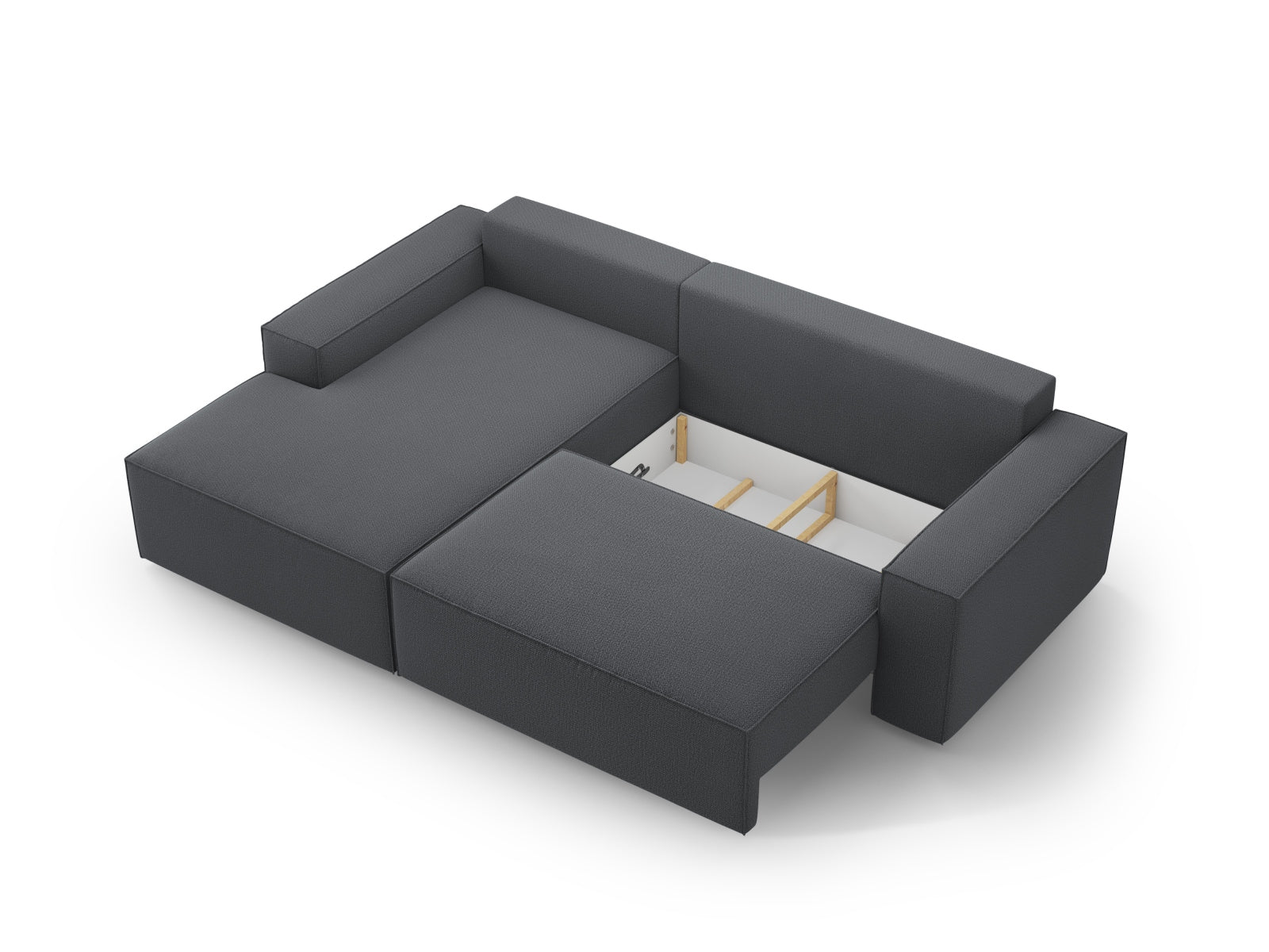 Elegantes Jodie Ecksofa links in dunklem Grau, perfekt für kompakte Wohnräume, mit integrierter Schlaffunktion und Stauraum für Kissen und Decken.