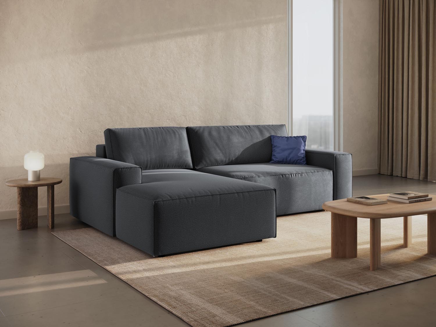 Stylisches Jodie Ecksofa links in Dunkelgrau mit Schlaffunktion und Stauraum, ideal für moderne Wohnräume und gemütliche Nächte.