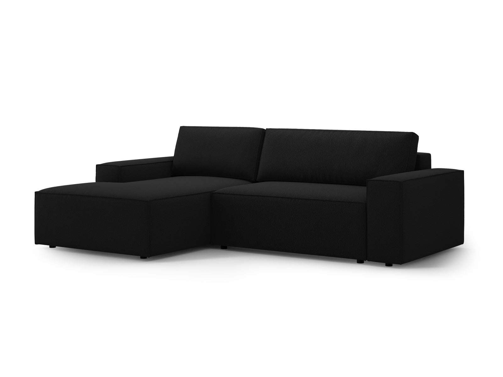 Elegantes Jodie Ecksofa links in Schwarz, ausgestattet mit Schlaffunktion und praktischer Stauraumbox für zusätzlichen Komfort und Stil.