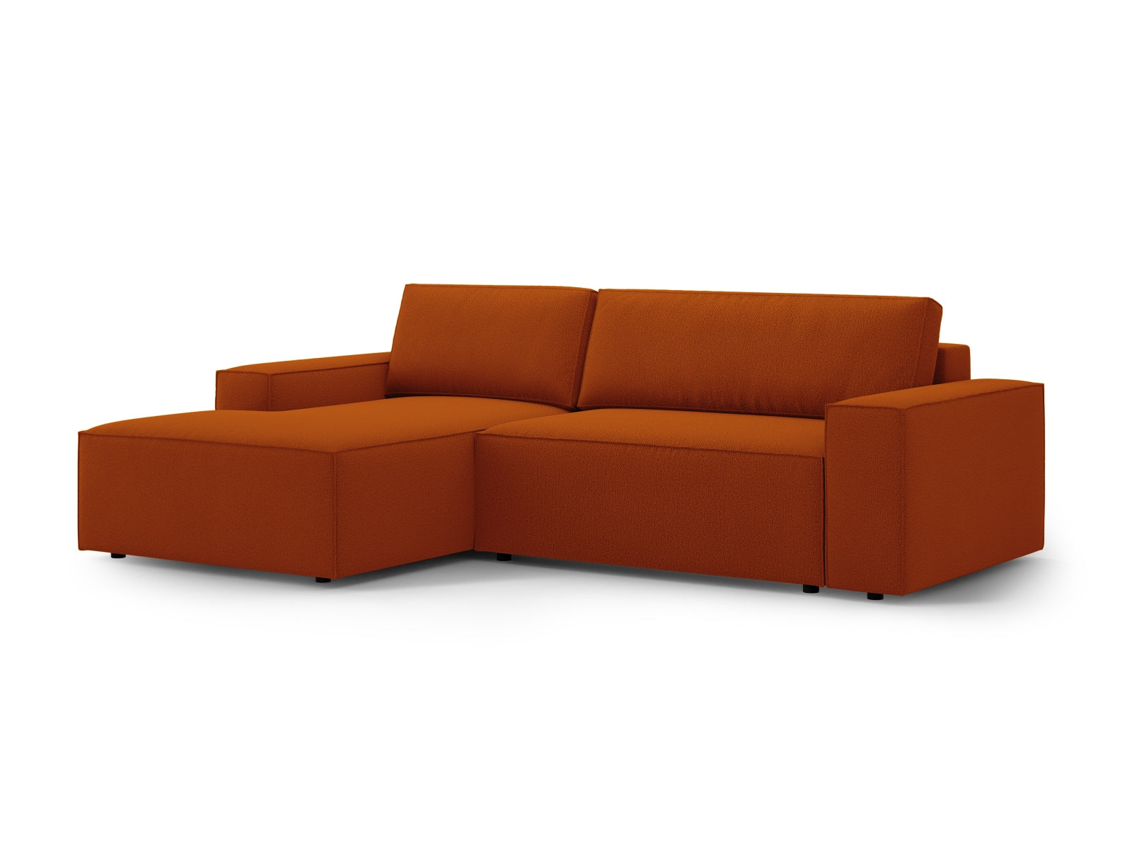 Elegantes Jodie Ecksofa links in warmem Terracotta, ausgestattet mit Schlaffunktion und praktischem Stauraum für zusätzlichen Komfort.