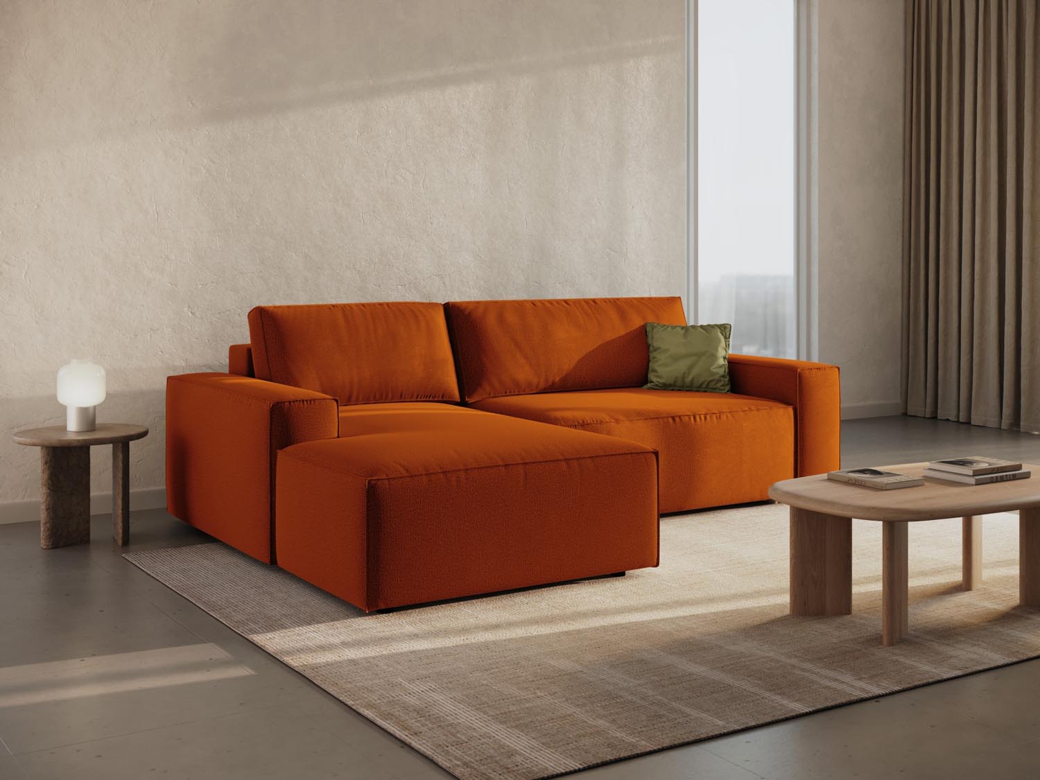 Stylisches Jodie Ecksofa links in Terracotta mit Schlaffunktion und Stauraum, ideal für moderne Wohnräume und gemütliche Nächte.