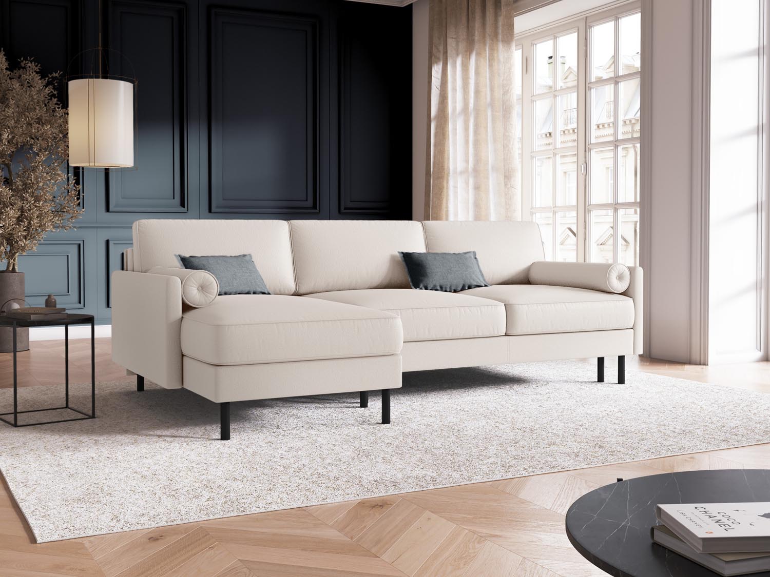 Stylisches Scott Ecksofa links in Light Beige mit Schlaffunktion und Stauraum, ideal für moderne Wohnräume und gemütliche Nächte.