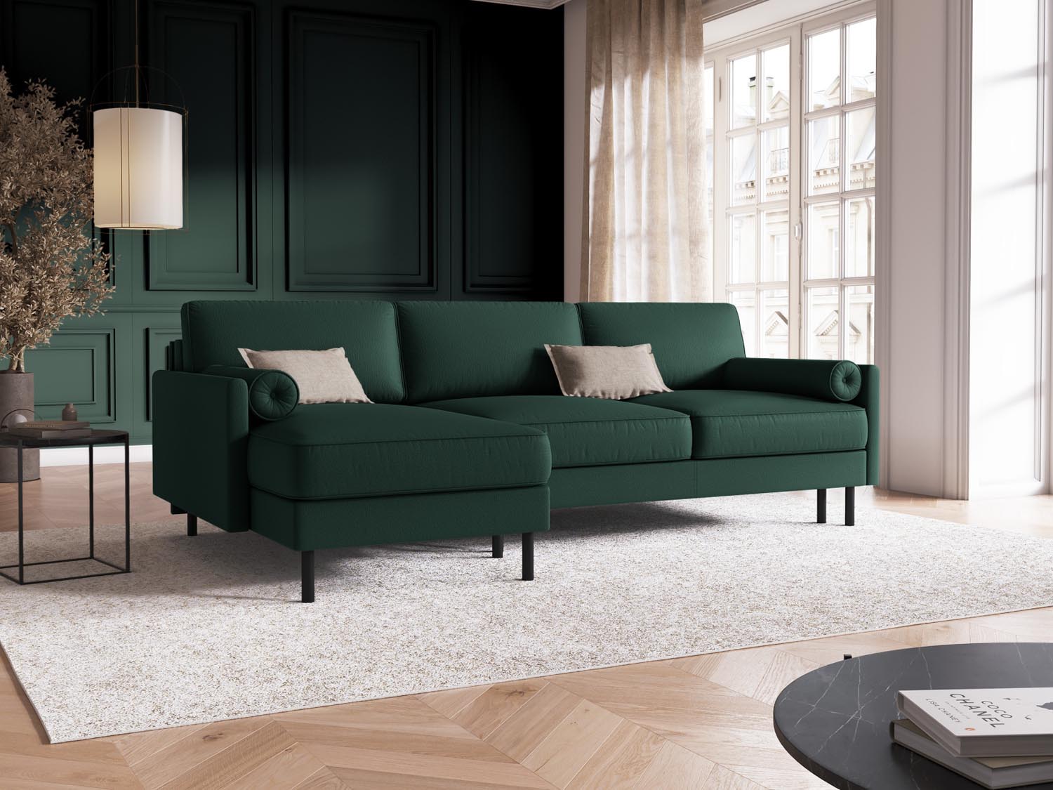 Stylisches Scott Ecksofa links in Grün mit Schlaffunktion und Stauraum, ideal für gemütliche Abende und als Schlafgelegenheit.