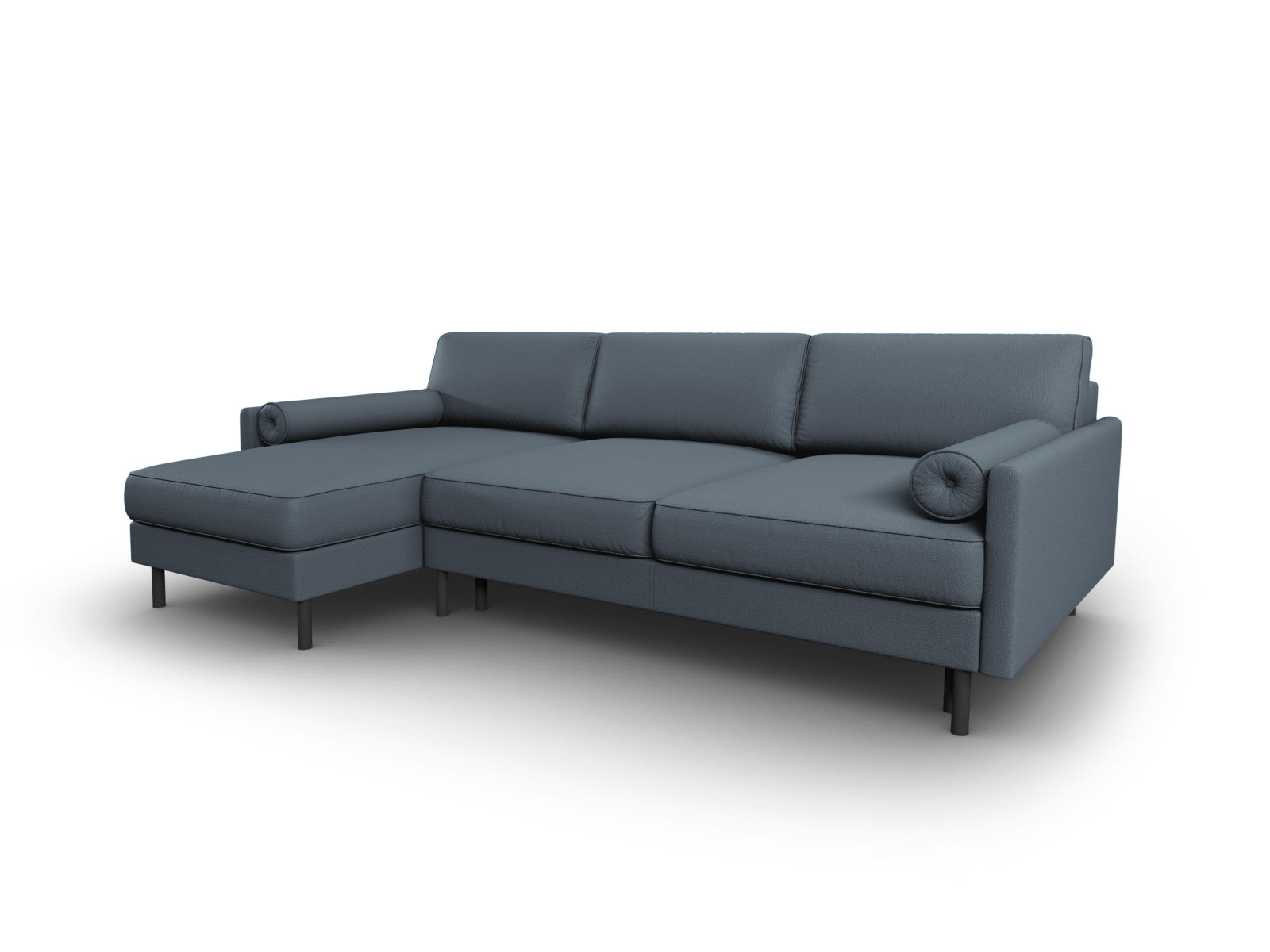 Modernes Scott Ecksofa links in elegantem Blau, bietet komfortable Schlaffunktion und praktischen Stauraum für zusätzlichen Platz.
