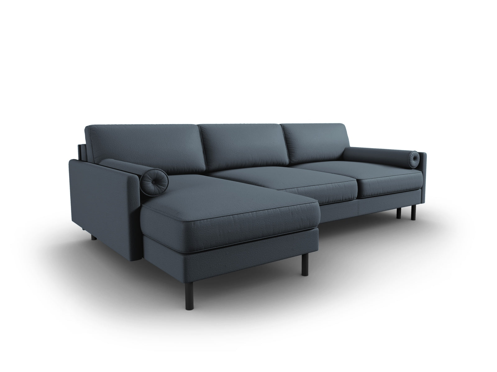 Stylisches Scott Ecksofa links in tiefem Blau, ideal für entspannte Abende, mit cleverer Schlaffunktion und praktischem Stauraum.