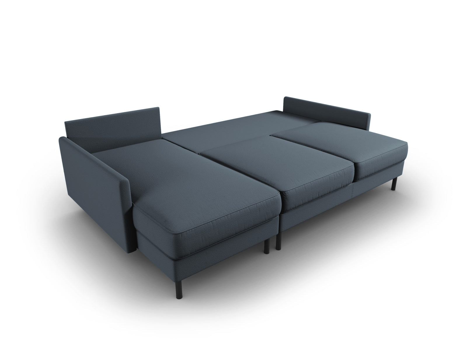 Elegantes Scott Ecksofa links in edlem Blau, bietet Platz für 5 Personen, mit innovativer Schlaffunktion und nützlichem Stauraum für Kissen und Decken.