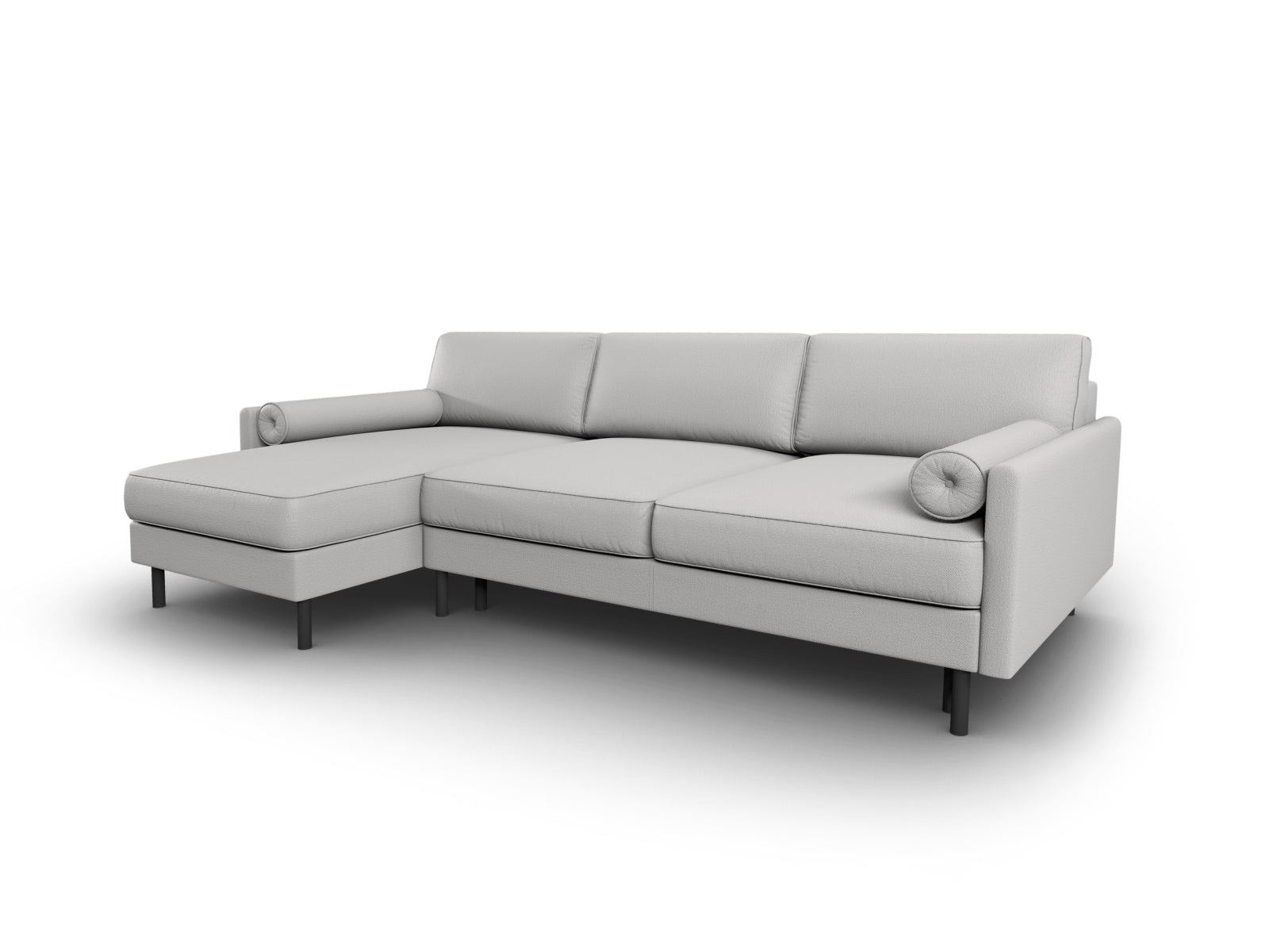 Elegantes Scott Ecksofa links in sanftem Hellgrau, bietet Schlaffunktion und praktischen Stauraum für zusätzlichen Komfort und Stil.