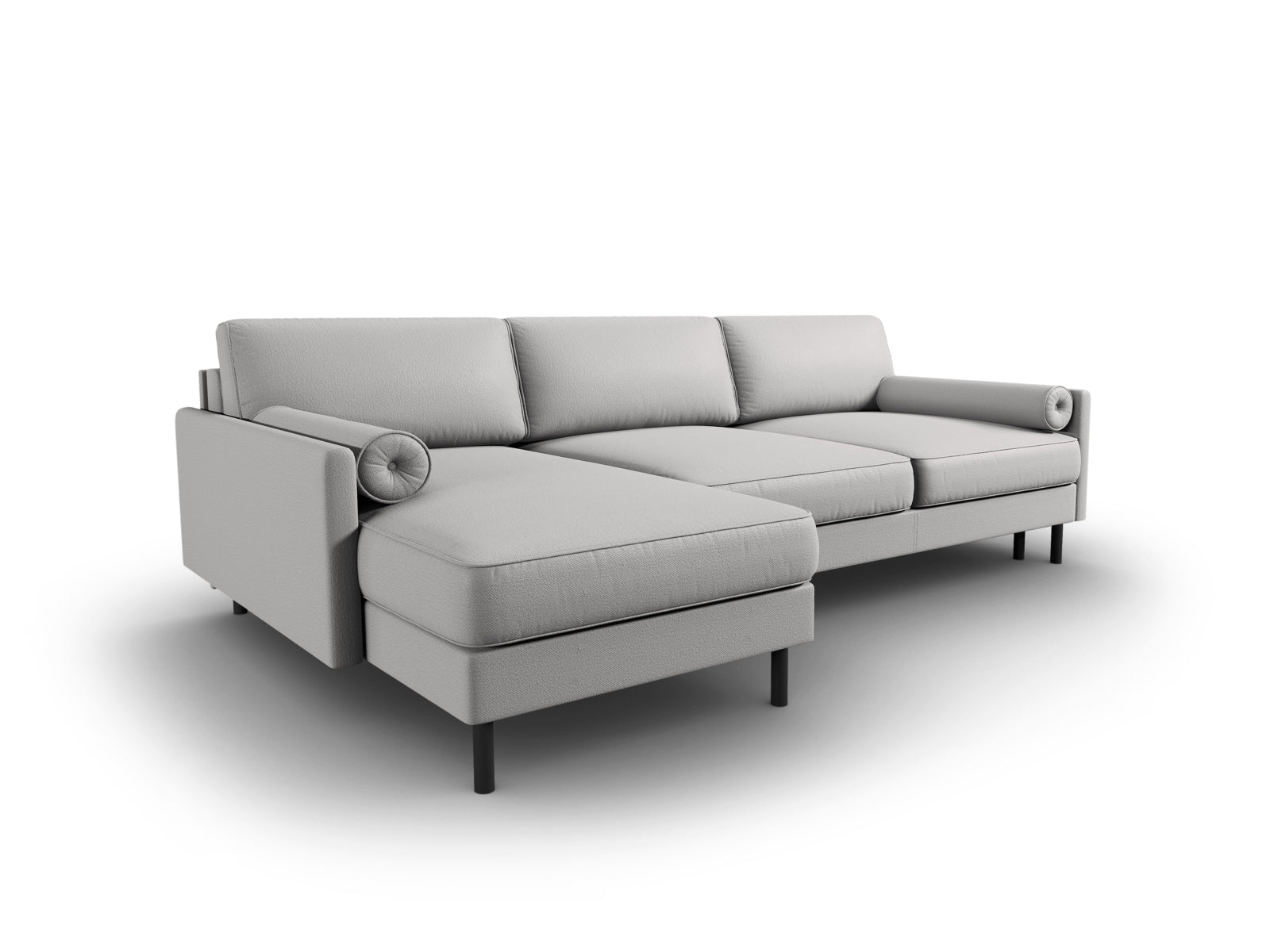 Modernes Scott Ecksofa links in hellem Grau, ideal für entspannte Abende und Übernachtungsgäste, mit integriertem Stauraum für Kissen und Decken.