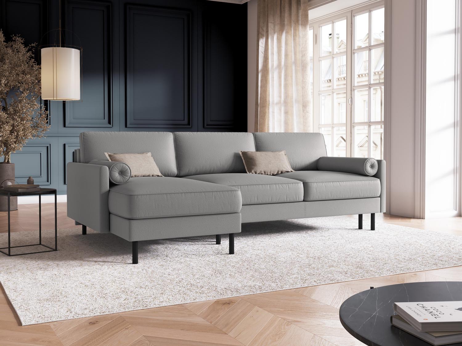 Stylisches Scott Ecksofa links in Hellgrau mit Schlaffunktion und Stauraum, ideal für moderne Wohnräume und gemütliche Nächte.