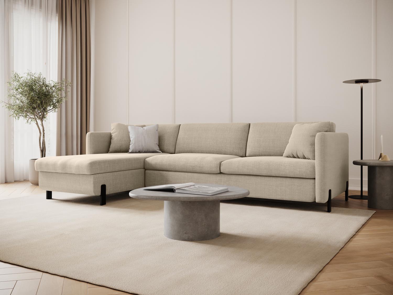 Beige Gloria Ecksofa links mit Schlaffunktion und Stauraum, stilvoll und funktional, ideal für moderne Wohnräume.