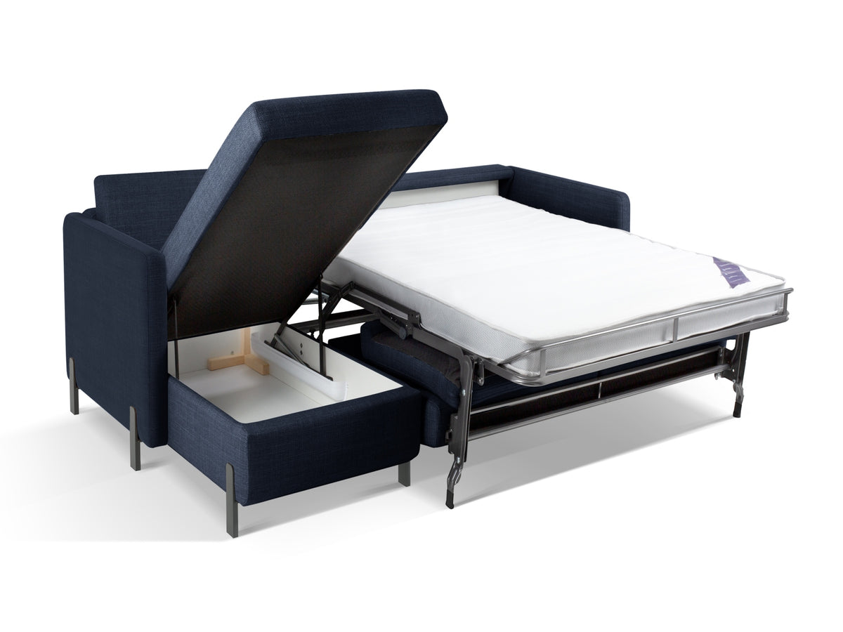 Gloria Ecksofa links mit Schlaffunktion und Stauraum 4 Sitzer in Blue-Bjorn präsentiert im Onlineshop von KAQTU Design AG. Bettsofa links ist von Micadoni