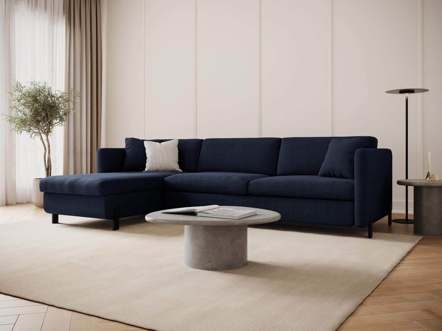 Stylisches Gloria Ecksofa links in Blau mit Schlaffunktion und Stauraum, ideal für moderne Wohnräume und gemütliche Nächte.
