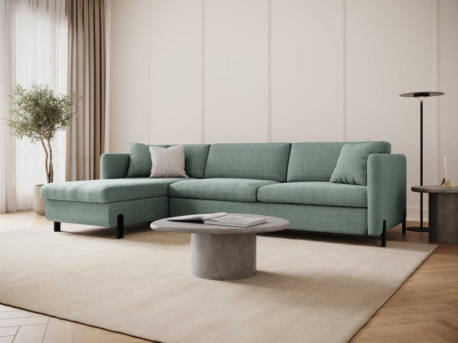 Stylisches Gloria Ecksofa links in Mint mit Schlaffunktion und Stauraum, ideal für moderne Wohnräume und gemütliche Nächte.