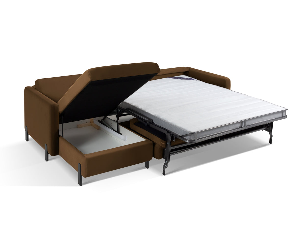Gloria Velour links Ecksofa mit Schlaffunktion und Stauraum 4 Sitzer in Chocolate-Salvador präsentiert im Onlineshop von KAQTU Design AG. Bettsofa links ist von Micadoni