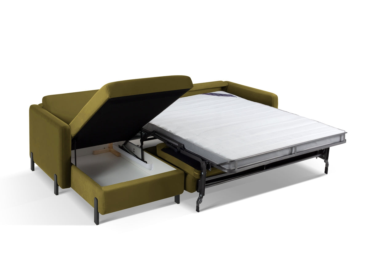 Gloria Velour links Ecksofa mit Schlaffunktion und Stauraum 4 Sitzer in Green-Salvador präsentiert im Onlineshop von KAQTU Design AG. Bettsofa links ist von Micadoni