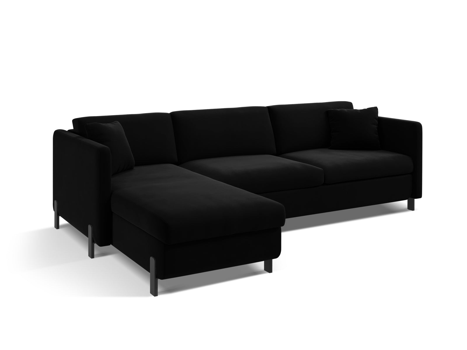 Modernes 4-Sitzer Ecksofa Gloria Velour in Schwarz, linksseitig, mit praktischer Schlaffunktion und integriertem Stauraum für zusätzlichen Komfort.