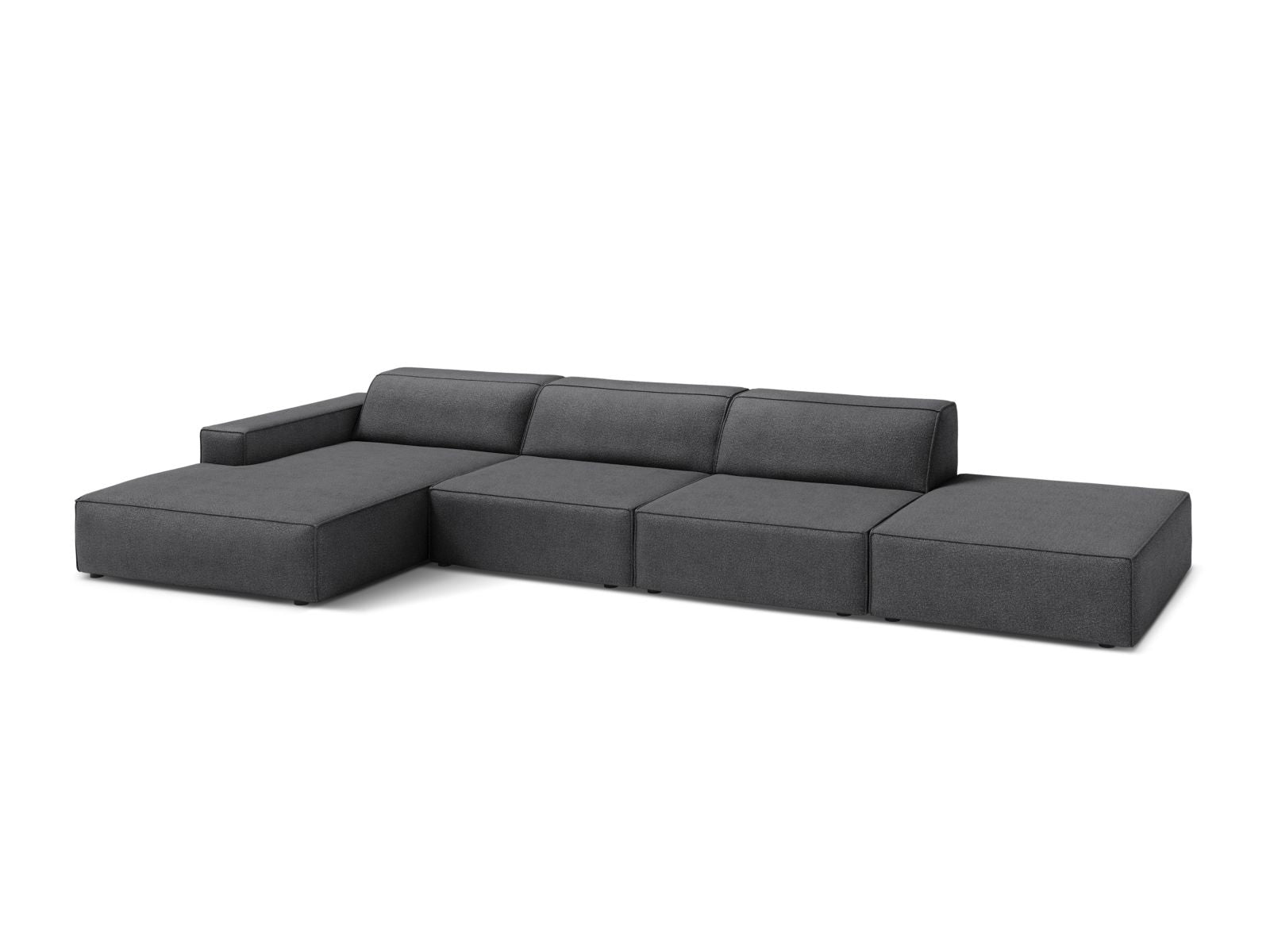 Elegantes Jodie Boucle Ecksofa links, 5-Sitzer in stilvollem Dunkelgrau, ideal für moderne Wohnräume, erhältlich bei KAQTU Design AG.